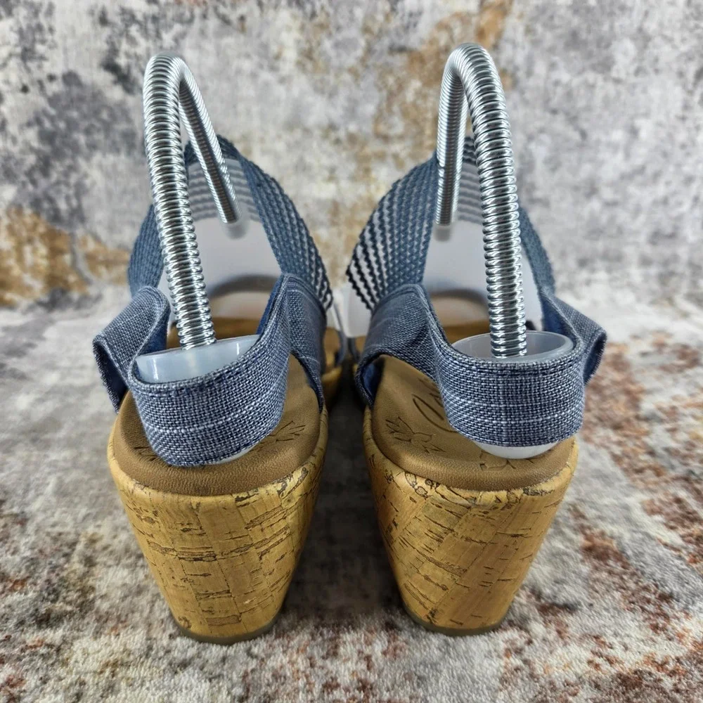 Skechers Beverlee High Tea Wedge Sandals Women 9.5 Blue Denim Elastic Strap Cork